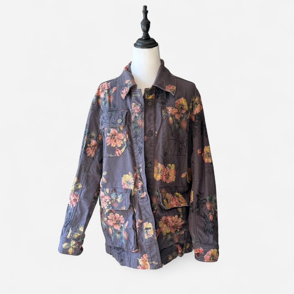 Pilcro Anthropologie The Wanderer Floral Utility Jacket Charcoal Canvas Medium